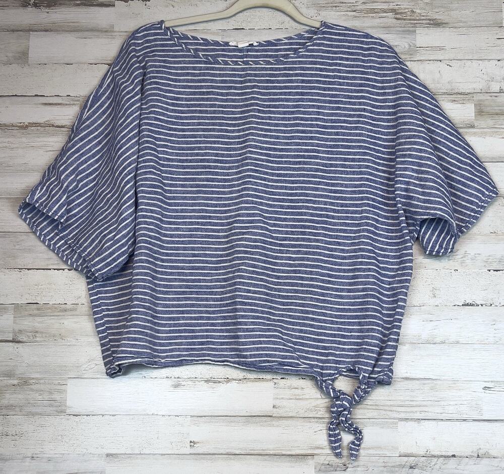 Beach Lunch Lounge Womens M Blue White Stripe Linen Blend Tie Hem Top Boxy Fit